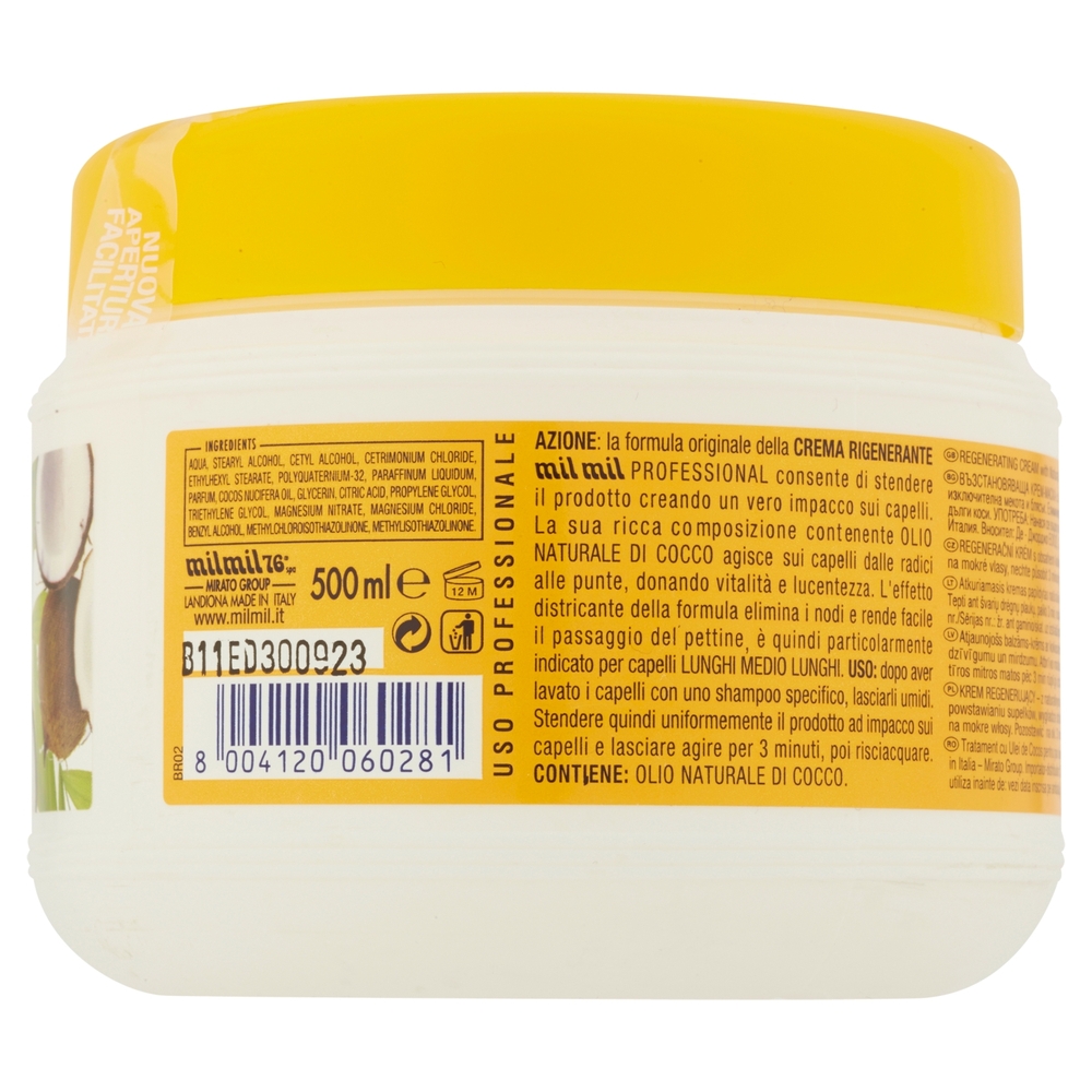 Milmil Professional Crema rigenerante all'olio di cocco per capelli lunghi - medio lunghi  500 ml